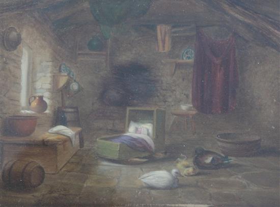 E.S. Greig (19th C.) Cottage interior with sleeping infant, 6 x 8in.